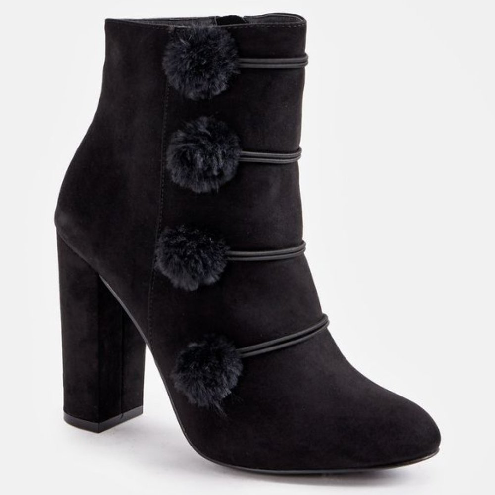 Black Ankle Boots with Faux Fur Poms